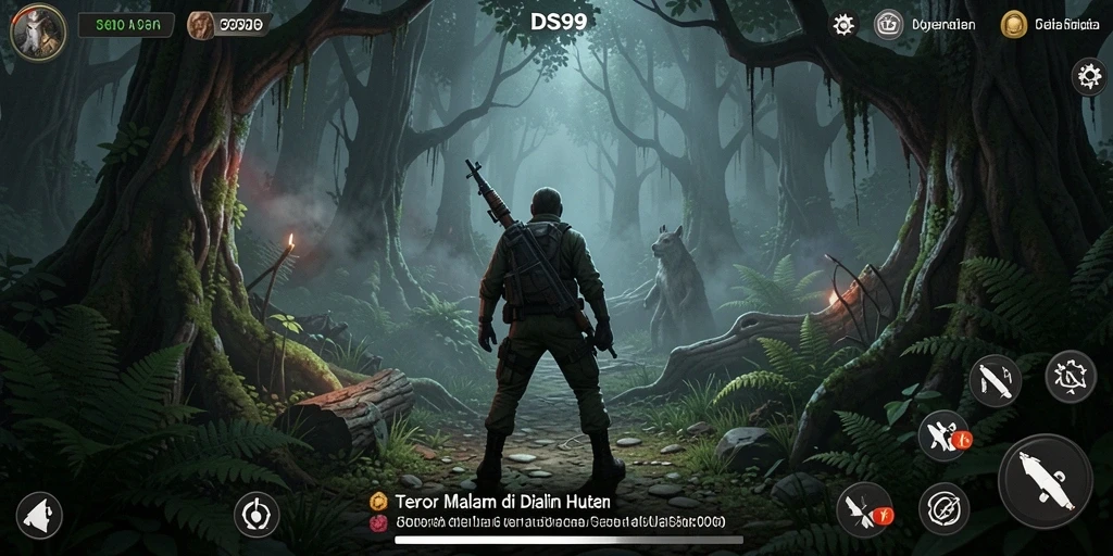 Screenshot gameplay DS99 menampilkan suasana horor di hutan yang gelap.
