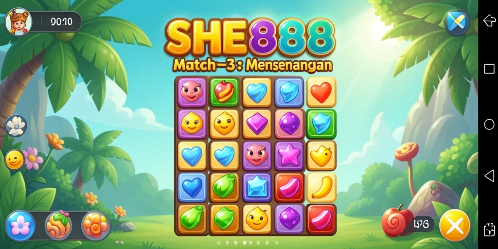 Screenshot gameplay Match-3 SHE888 yang menampilkan aksi mencocokkan permata.
