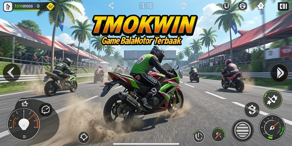 Screenshot gameplay TMOKWIN menampilkan motor balap di lintasan yang dramatis.